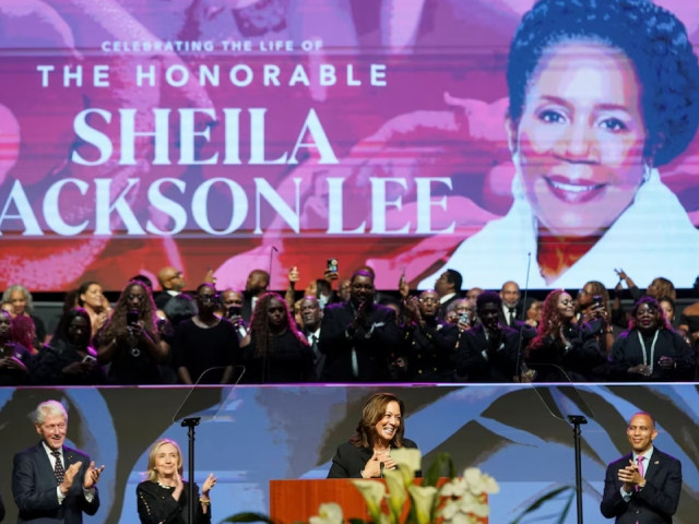 u s vice president and democratic presidential candidate kamala harris reacts as she attends a service for rep sheila jackson lee d tx who died on july 19 at fallbrook church in houston texas us august 1 2024 photo reuters